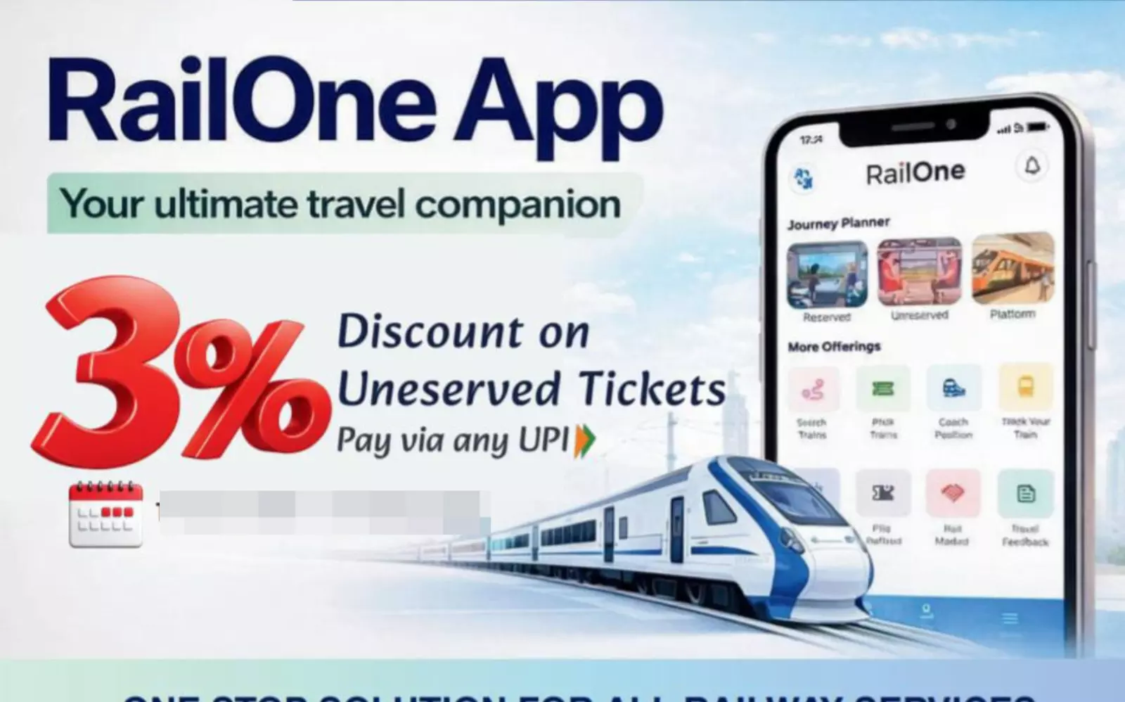 3% Discount on Ticket Bookings via RailOne App 3% Discount on Ticket Bookings via RailOne App