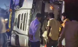 RTC Bus Overturns in Gadwal, 20 Passengers Injured RTC Bus Overturns in Gadwal, 20 Passengers Injured