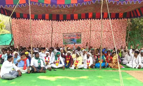 Kolam Adivasis Launch Relay Hunger Strike in Utnoor for Construction of Indiramma Houses Kolam Adivasis Launch Relay Hunger Strike in Utnoor for Construction of Indiramma Houses