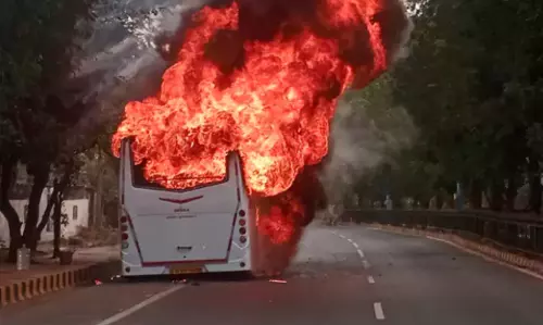 Private Bus Gutted by Fire on Rushikonda Beach Road