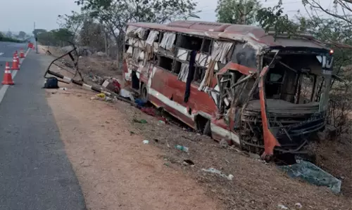 Four Killed as Travels Bus Overturns on Highway in Nizamabad Four Killed as Travels Bus Overturns on Highway in Nizamabad
