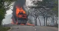 Lorry Loaded with Firecrackers Catches Fire in Kothur Lorry Loaded with Firecrackers Catches Fire in Kothur