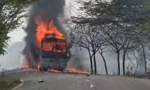 Lorry Loaded with Firecrackers Catches Fire in Kothur Lorry Loaded with Firecrackers Catches Fire in Kothur