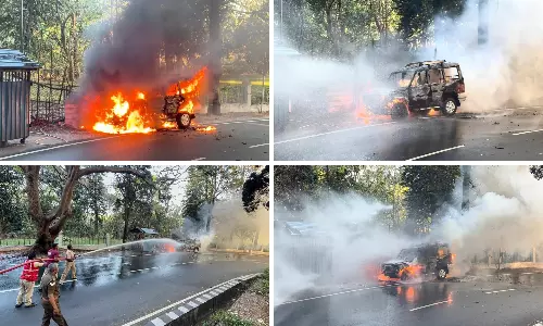 Taxi Catches Fire Near Tirumala Ghat Road Toll Gate
