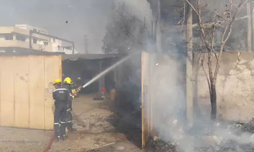 Fire Erupts at Illegal Solvents Godown in Jeedimetla Fire Erupts at Illegal Solvents Godown in Jeedimetla