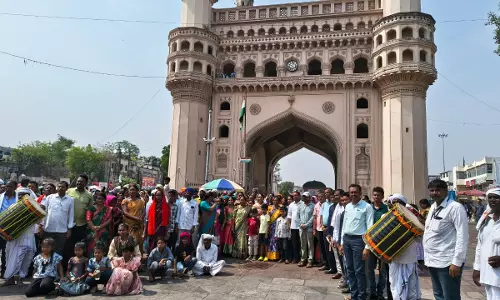 Adilabad Tribal Group Gets Traditional Welcome at Charminar Adilabad Tribal Group Gets Traditional Welcome at Charminar