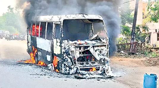 Mini Bus Catches Fire in Medak