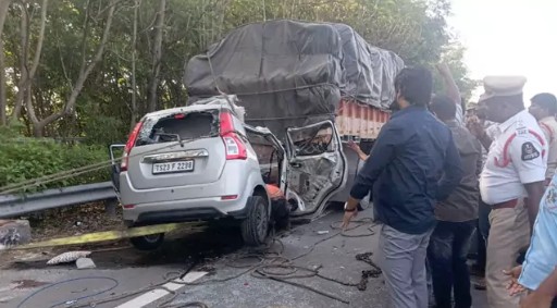 A speeding car rammed into a stationary lorry near Exit 16 on the Outer Ring Road in Rangareddy district on Friday afternoon, killing six people on the spot, including children, while several others sustained serious injuries.