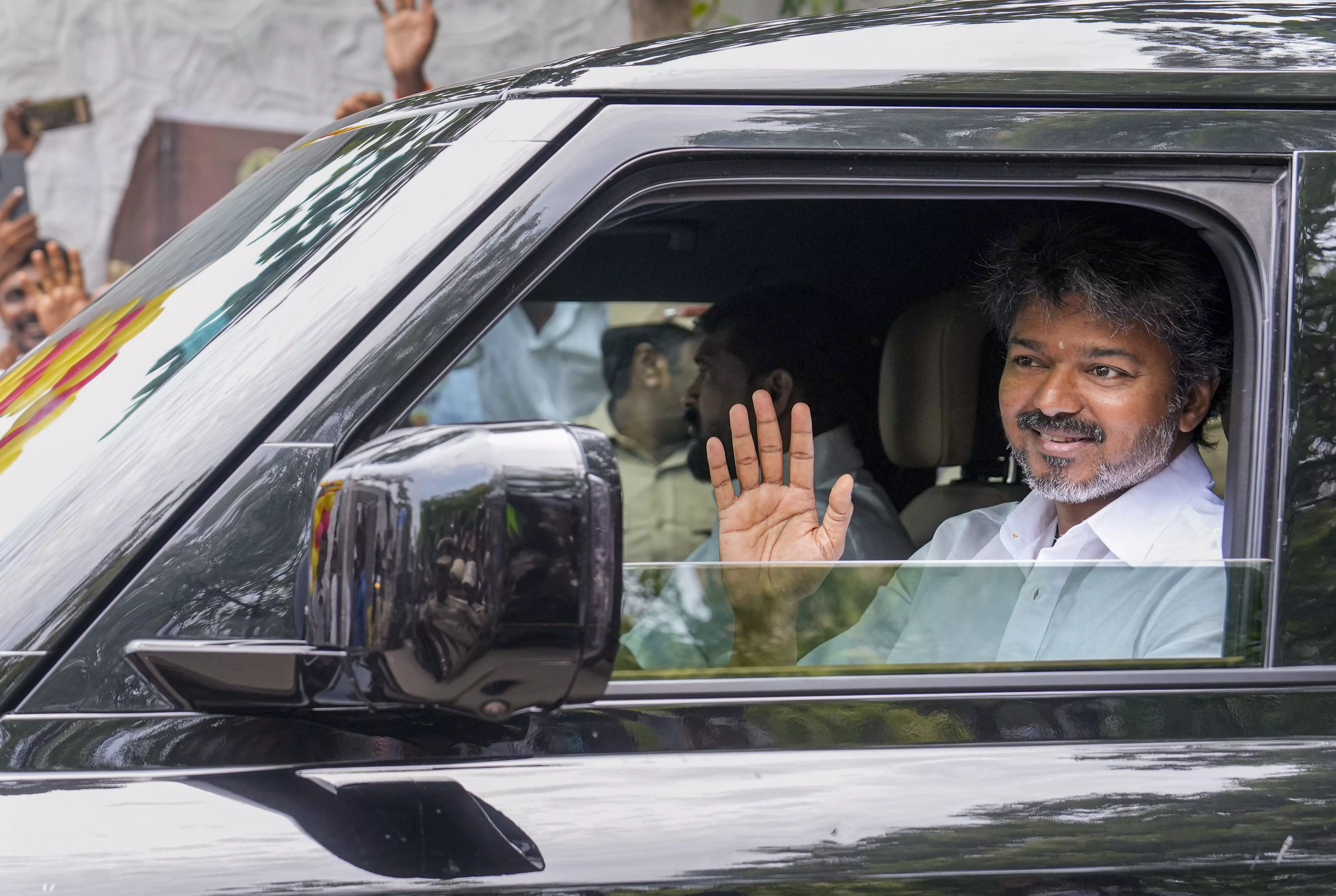Vijay Stakes Claim to Form Govt, Reaches Party HQ to Meet Winners