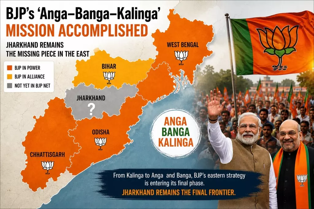 BJP’s ‘Anga–Banga–Kalinga’ Mission Accomplished; Jharkhand Now Only Missing Piece In The East BJP’s ‘Anga–Banga–Kalinga’ Mission Accomplished; Jharkhand Now Only Missing Piece In The East