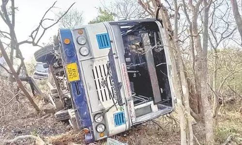 Miraculous Escape as One of Two RTC Buses Plunges Into Valley Near Srisailam Miraculous Escape as One of Two RTC Buses Plunges Into Valley Near Srisailam