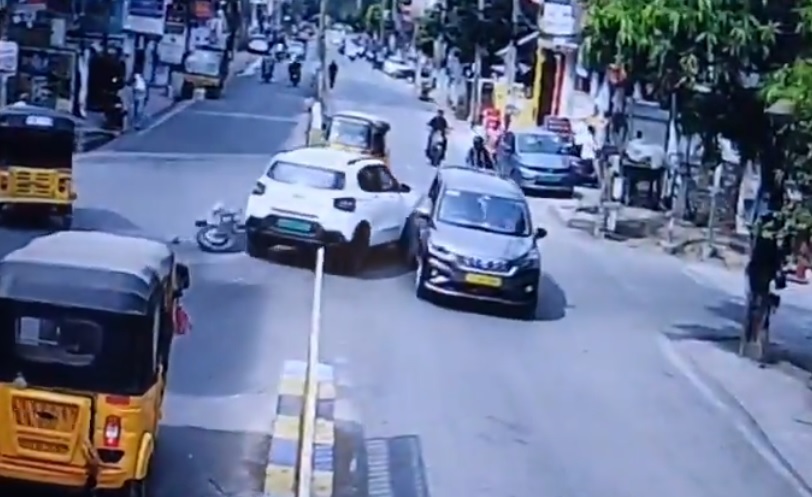 Electric Car Loses Control in Kukatpally; Rams Into Multiple Vehicles