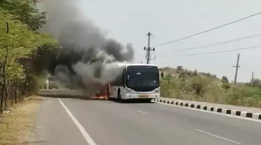 Air India Bus Gutted in Fire on Hyderabad Outer Ring Road Air India Bus Gutted in Fire on Hyderabad Outer Ring Road