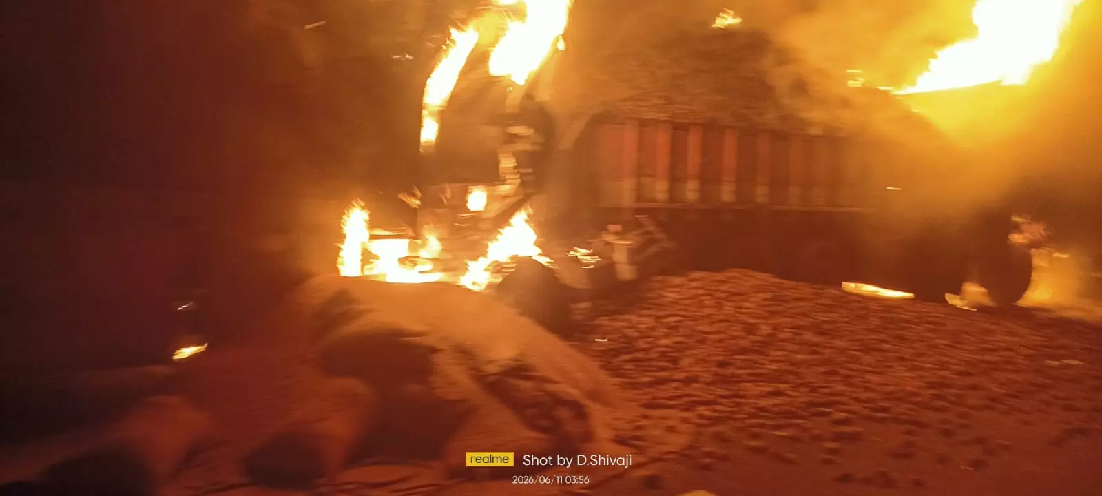 Lorry Engulfed in Flames in Nirmal, Driver Burnt Alive Lorry Engulfed in Flames in Nirmal, Driver Burnt Alive