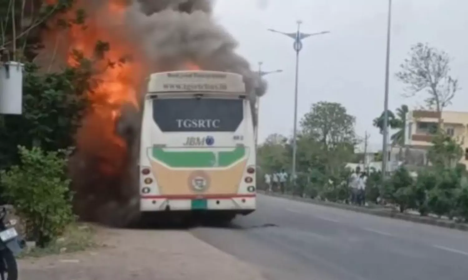 Electric RTC Bus Catches Fire Near Karimnagar, 40 Passengers Safe Electric RTC Bus Catches Fire Near Karimnagar, 40 Passengers Safe