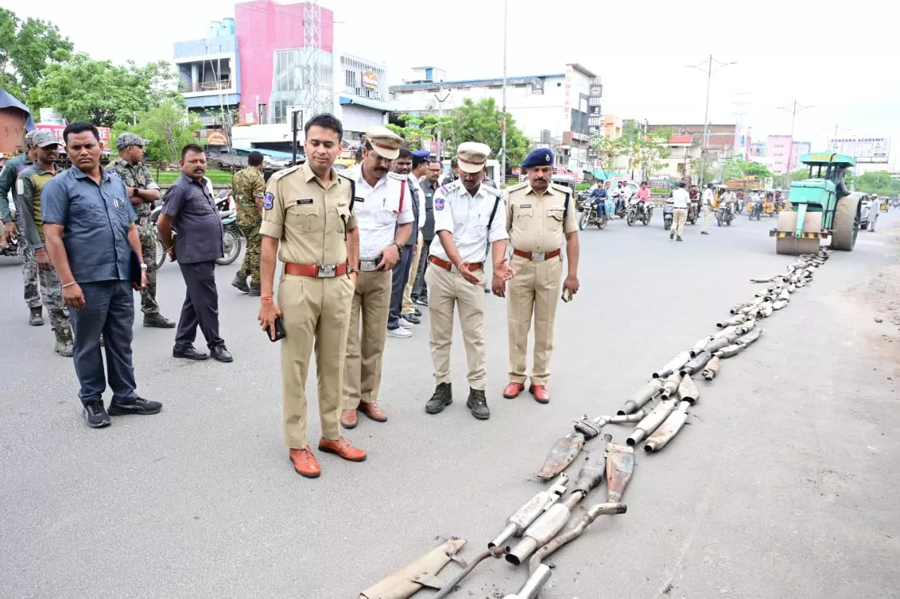 Adilabad Police Crush 121 Modified Silencers to Curb Noise Pollution Adilabad Police Crush 121 Modified Silencers to Curb Noise Pollution