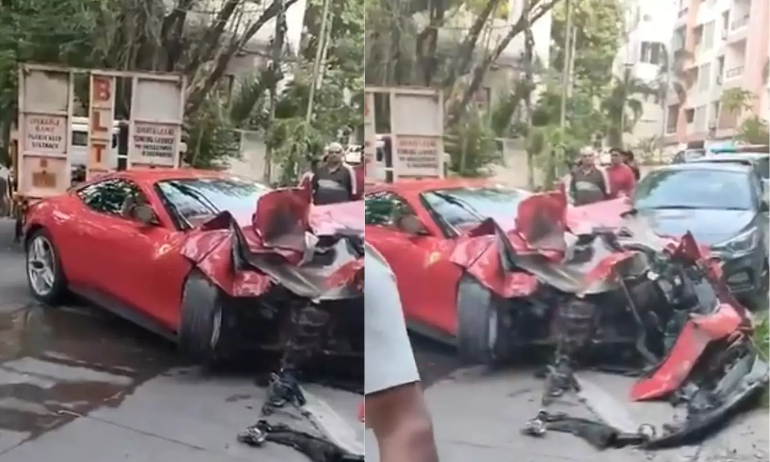 Ferrari Sports Car Crashes into Apartment Gate in Film Nagar, Occupants Flee Ferrari Sports Car Crashes into Apartment Gate in Film Nagar, Occupants Flee