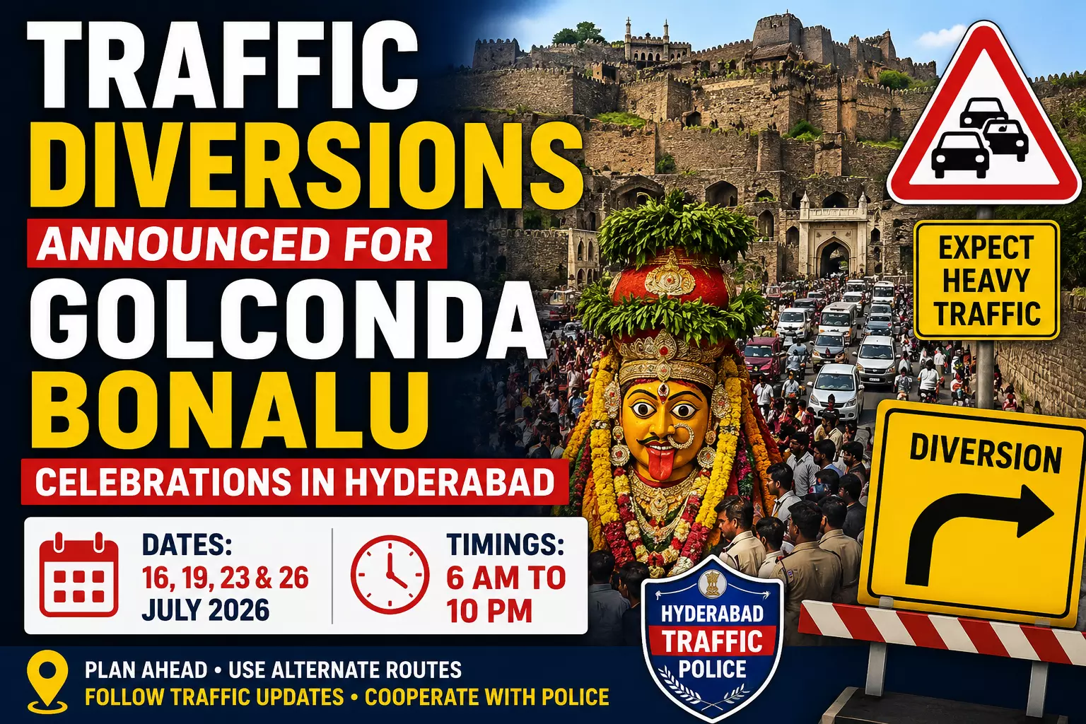 Traffic Diversions Announced for Golconda Bonalu Celebrations in Hyderabad Traffic Diversions Announced for Golconda Bonalu Celebrations in Hyderabad