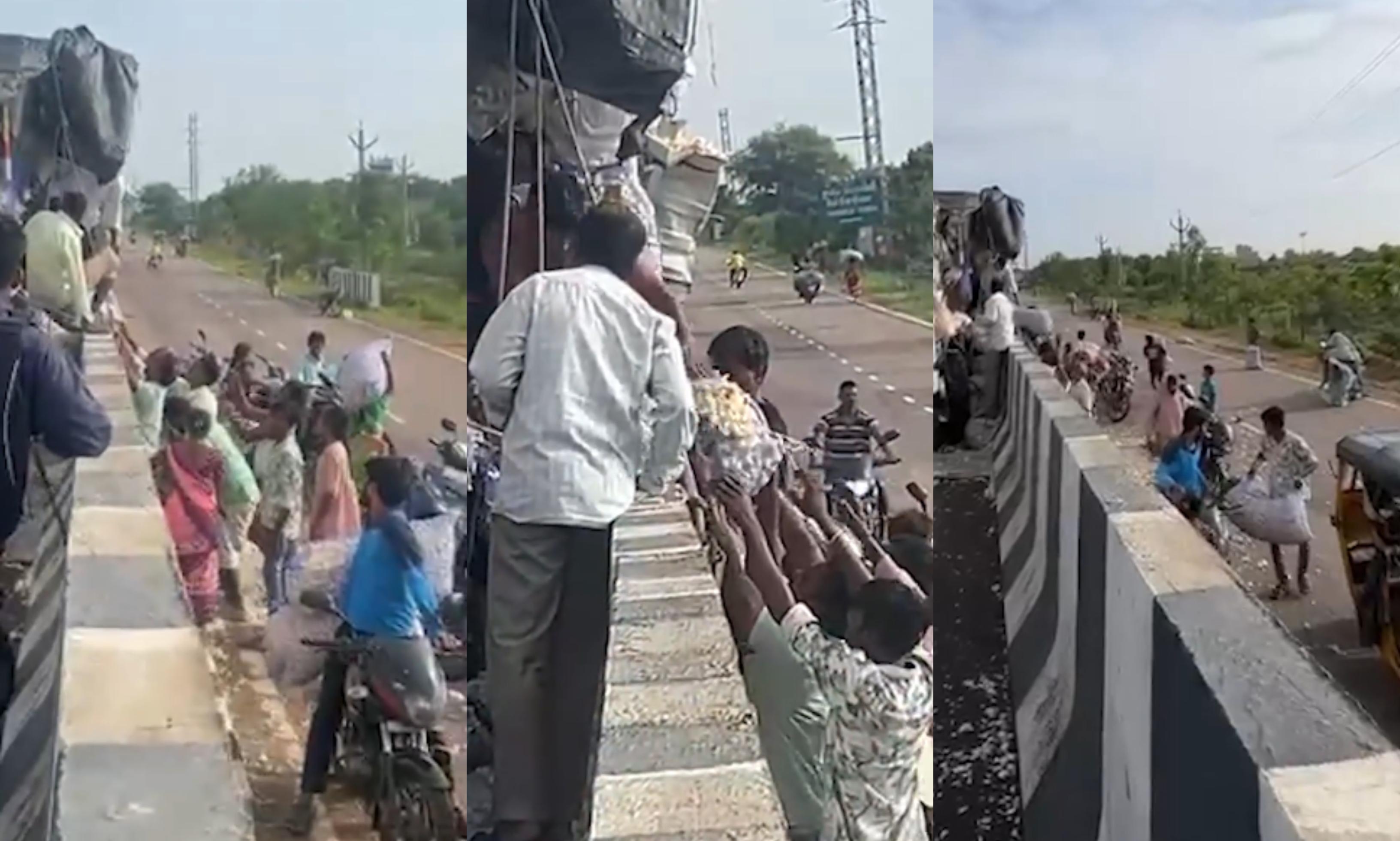 Sangareddy: Locals Take Away Garlic Bags After Lorry Accident