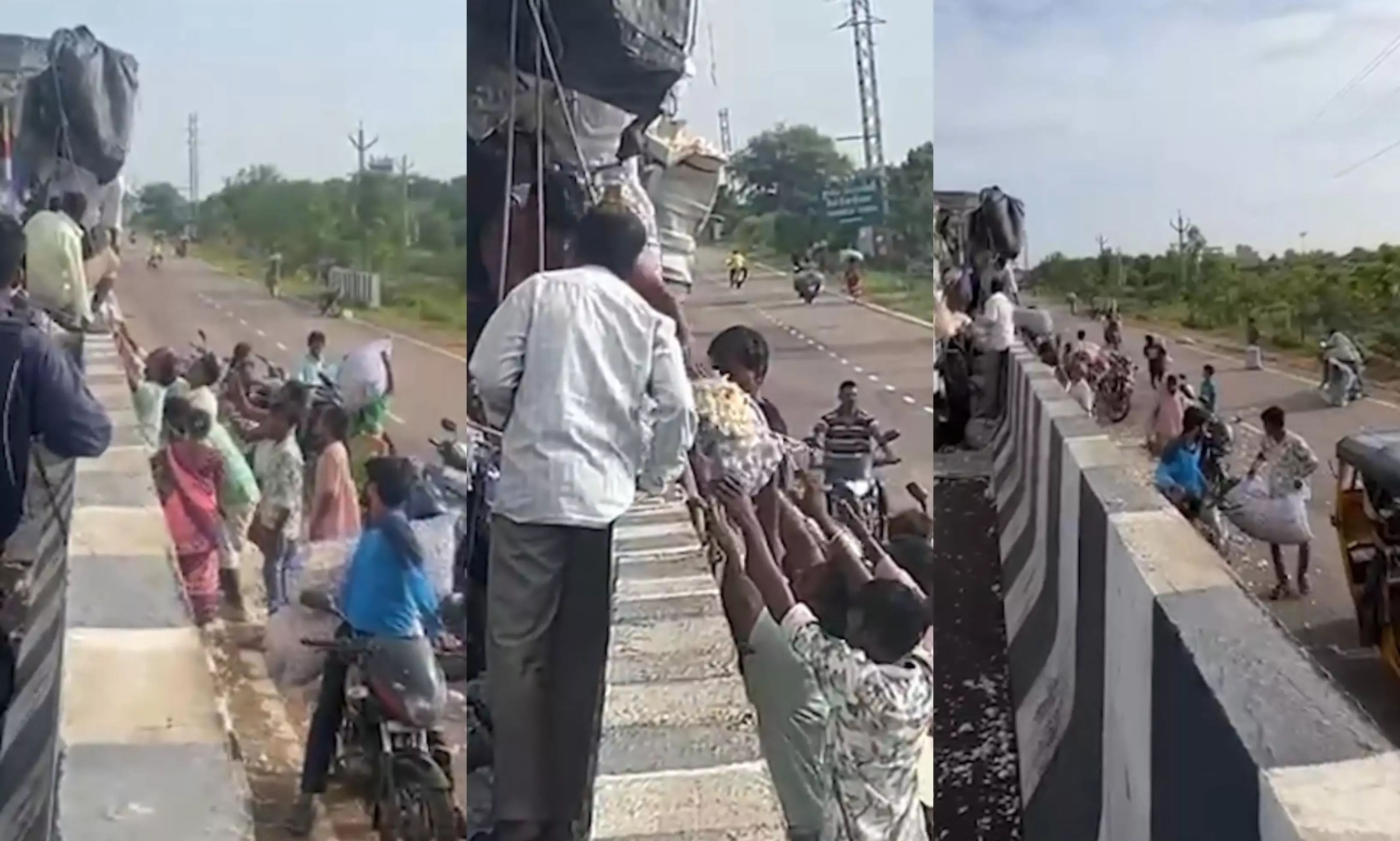 Sangareddy: Locals Take Away Garlic Bags After Lorry Accident Sangareddy: Locals Take Away Garlic Bags After Lorry Accident