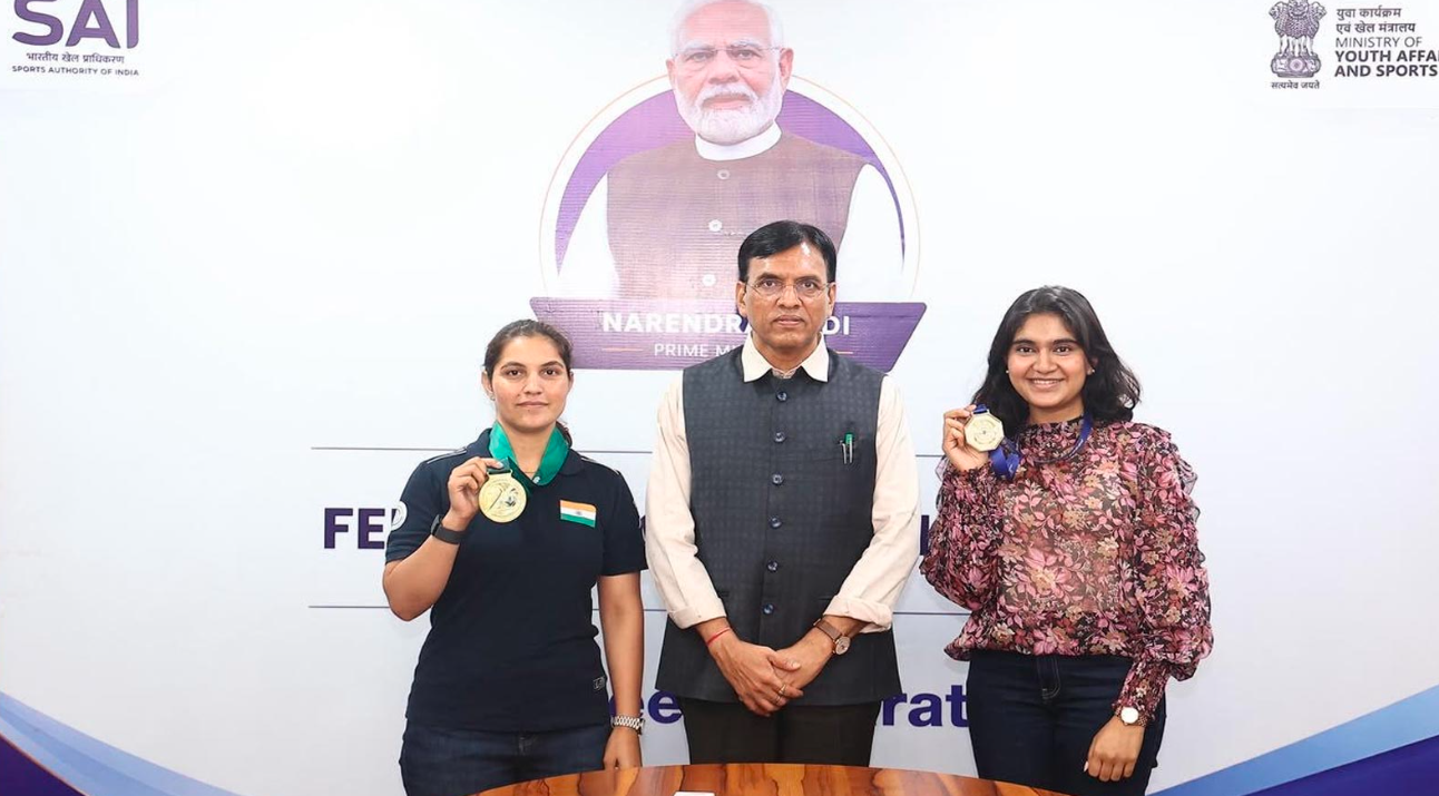 Mandaviya Felicitates ISSF World Cup Gold Medallists Esha, Neeru