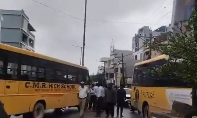 School Bus Hits Divider After Brake Failure in Gajularamaram, 30 Students Safe School Bus Hits Divider After Brake Failure in Gajularamaram, 30 Students Safe