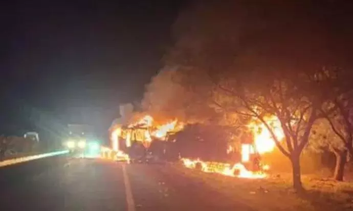 Tirupati: Lorry Catches Fire After Hitting Hillock, Driver Escapes Tirupati: Lorry Catches Fire After Hitting Hillock, Driver Escapes