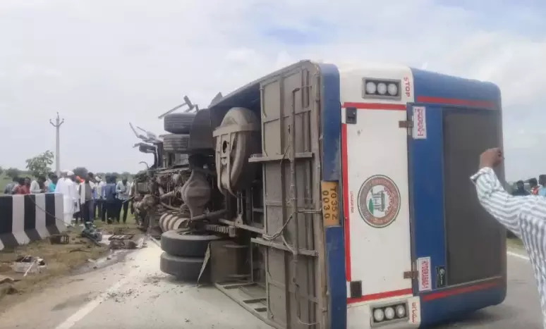 RTC Bus Overturns in Kamareddy District, Driver Dies RTC Bus Overturns in Kamareddy District, Driver Dies