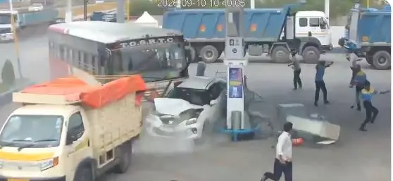 Speeding Bus Crashes Into Petrol Pump Near Hyderabad, Disaster Averted Speeding Bus Crashes Into Petrol Pump Near Hyderabad, Disaster Averted