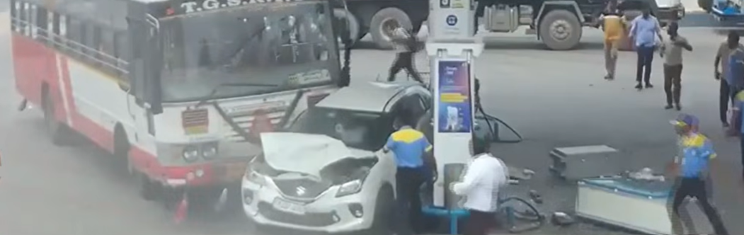 Batasingaram: TGSRTC Bus Rams Into Two Cars, Crashes Into Fuel Dispensers At Petrol Pump