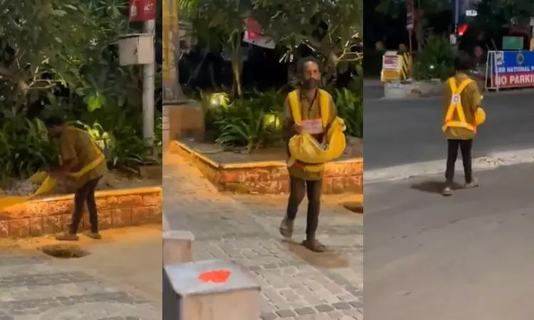 Hyderabad: Beggar Fills Potholes Near KBR Park, Says Bikers Could Fall Hyderabad: Beggar Fills Potholes Near KBR Park, Says Bikers Could Fall