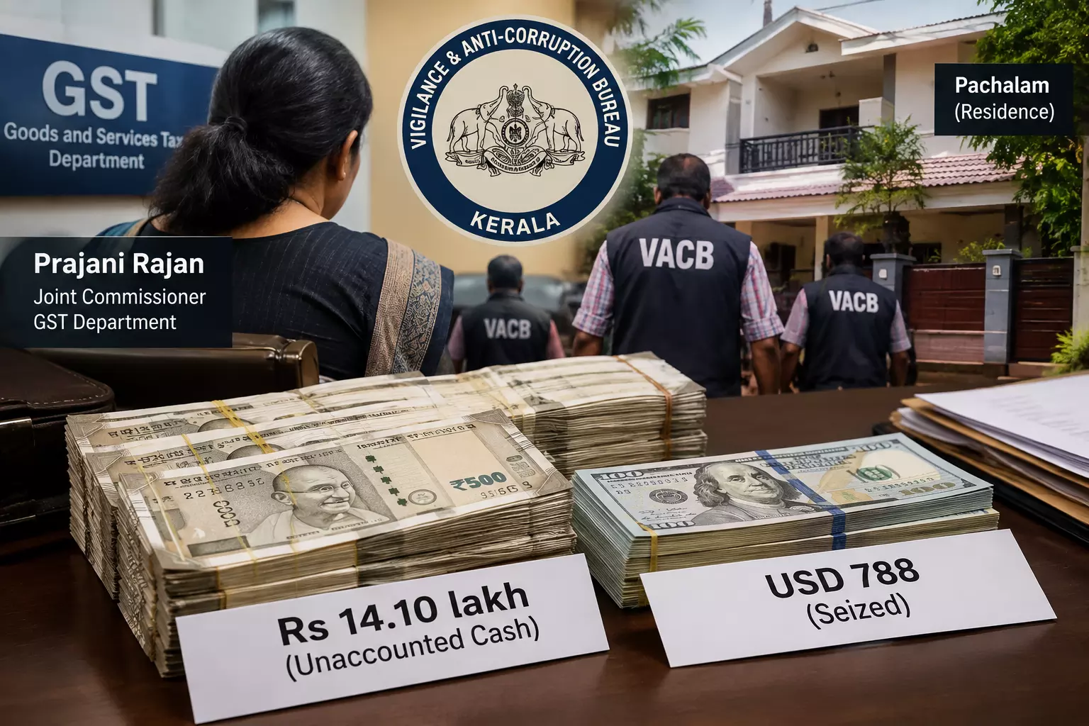 VACB Seizes Rs 14.10 Lakh, USD 788 from GST Officials Residence VACB Seizes Rs 14.10 Lakh, USD 788 from GST Officials Residence