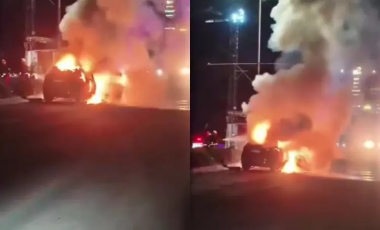 Gachibowli: Car Catches Fire After Hitting Divider on ISB Road Gachibowli: Car Catches Fire After Hitting Divider on ISB Road