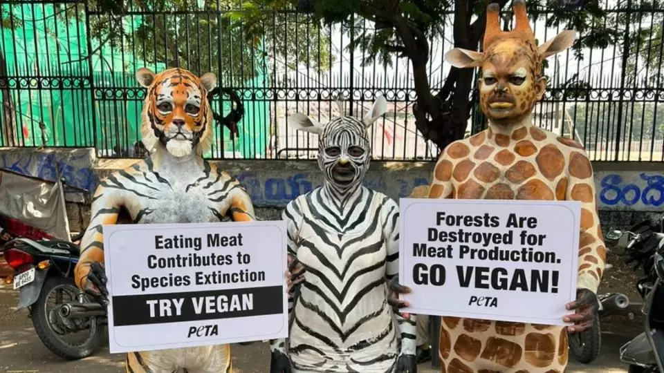Body-Painted as Wild Animals, Activists in Hyderabad Urge Shift to Vegan Diet on World Food Day Body-Painted as Wild Animals, Activists in Hyderabad Urge Shift to Vegan Diet on World Food Day
