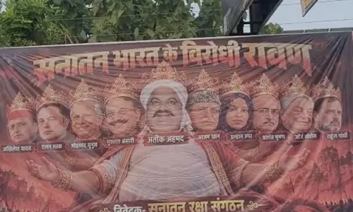 Lucknow: Hoardings Depicting Rahul, Akhilesh, Musk as Ravanas Heads Put Up Lucknow: Hoardings Depicting Rahul, Akhilesh, Musk as Ravanas Heads Put Up