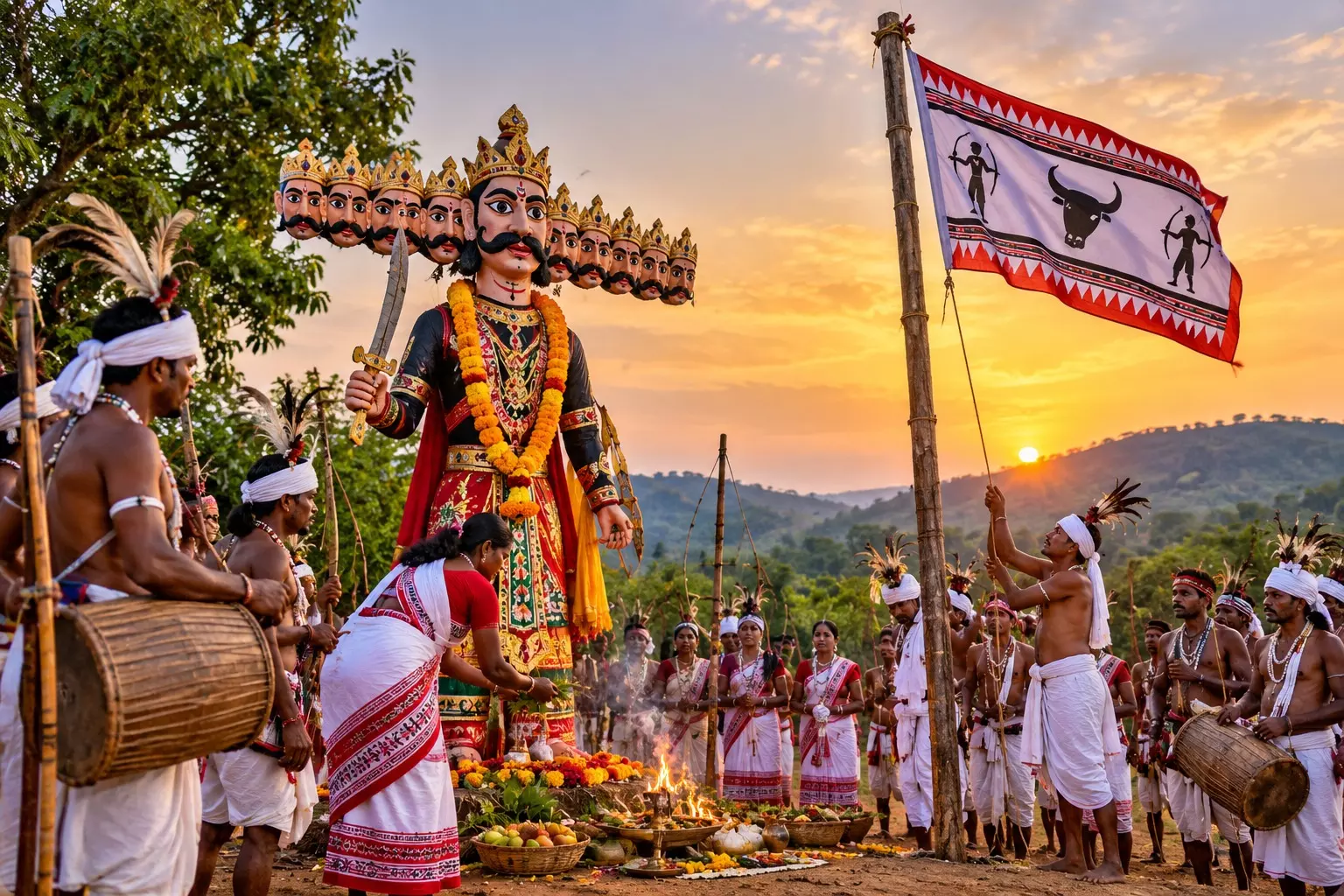 Adivasis Perform Raja Ravan Puja, Hoist Traditional Flag on Dasara Adivasis Perform Raja Ravan Puja, Hoist Traditional Flag on Dasara