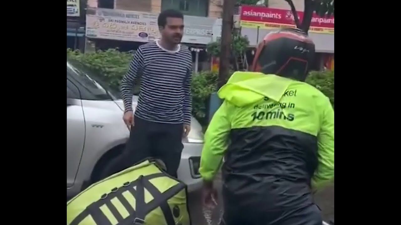 Man Hits Delivery Boys Bike, Throws Bag and Misbehaves